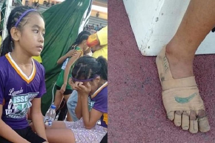 Atlet 11 tahun bernama Rhea Bullos ketika beristirahat, foto kanan adalah kakinya yang hanya dilapisi plester dengan gambar apparel olahraga Nike. Gadis itu menjadi viral setelah memenangkan 3 medali emas dengan kaki yang dilapisi plester.