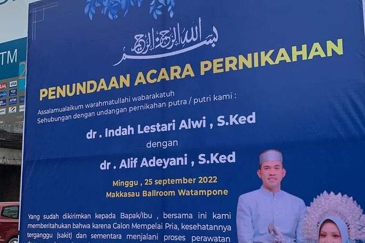 Seorang dokter muda asal Kabupaten Takalar, dr Alif Adeyani meninggal dunia karena sakit di hari pernikahannya dengan kekasihnya, dr. Indah Lestari Alwi, asal Kabupaten Bone, Sulawesi Selatan.