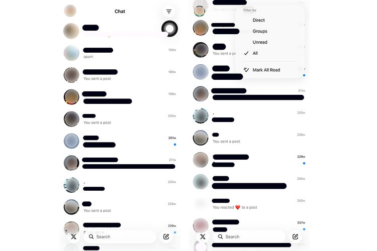 Tampilan menu chat di XChat yang otomatis terintegrasi langsung dengan seluruh riwayat percakapan di DM X Twitter