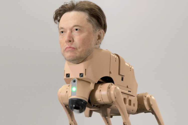 Robot anjing dengan muka mirip Elon Musk.