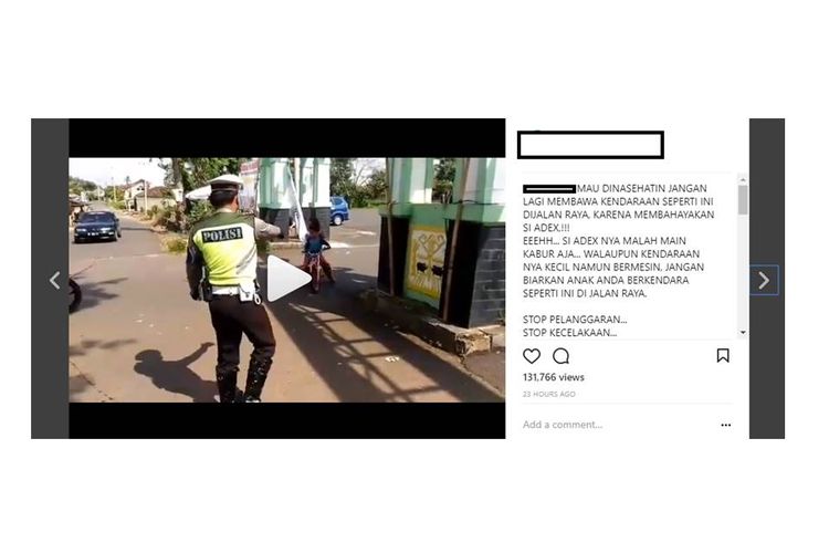 Video seorang polisi menghentikan dua anak berboncengan menaiki sepeda motor mini viral di Instagram, Selasa (15/5/2018).