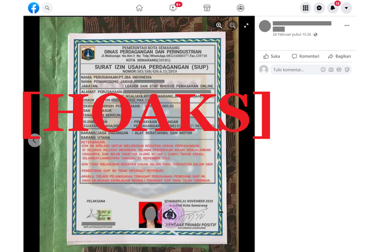 Tangkapan layar unggahan hoaks di sebuah akun Facebook, tentang foto SIUP yang diklaim dikeluarkan oleh Dinas Perdagangan dan Perindustrian Pemerintah Kota Semarang dan ditandatangani oleh Wali Kota Semarang.