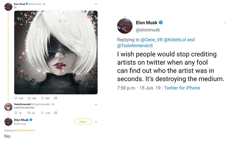 Tangkapan layar kicauan Elon Musk yang mengunggah foto fan art tanpa menyematkan sumber dan pembuat karya.