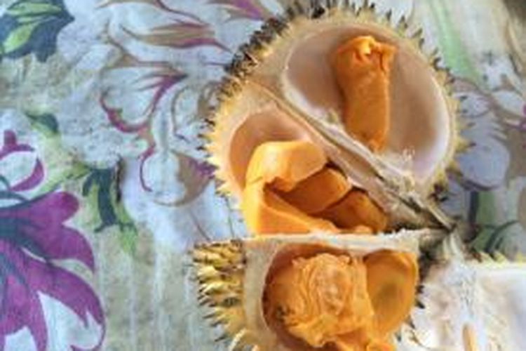 Daging Durian Lai khas Kalimantan Timur berwarna orange kemerahan yang dijual di pinggir Jalan Propinsi, Desa Api-Api, Kecamatan Waru, Kabupaten Penajam Paser Utara, Jumat (8/5/2015).