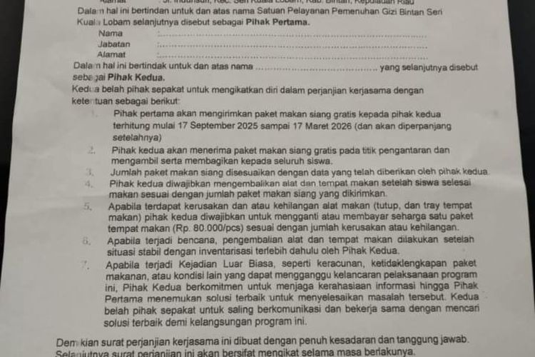 Surat Perjanjian MBG di Bintan Bocor, Ada Poin Jaga Rahasia apabila Keracunan