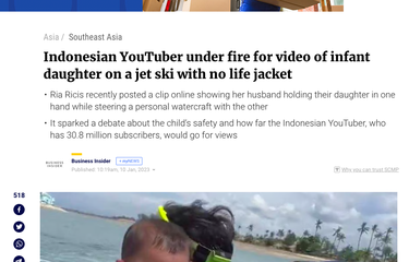 Tangkapan layar berita SCMP soal Ria Ricis dan suaminya yang bawa bayi naik jetsky