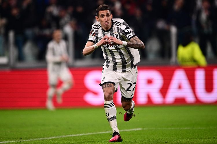 Pemain Juventus, Angel Di Maria, merayakan gol kontra Freiburg pada laga leg pertama babak 16 besar Liga Europa di Juventus Stadium, Turin, pada Jumat (10/3/2023) dini hari WIB.