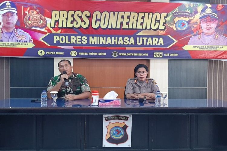 Komandan Kodim 1310/Bitung Letkol Inf Kusnandar Hidayat dan Kapolres Minahasa Utara AKBP Grace Rahakbau saat konferensi pers, di Kantor Polres Minut, Kamis (30/1/2020)