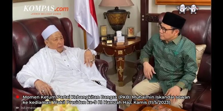 Ketua Umum Partai Kebangkitan Bangsa (PKB) Muhaimin Iskandar mengunjungi kediaman Wakil Presiden ke-9 RI Hamzah Haz di bilangan Matraman, Jakarta Timur, Kamis (11/5/2023). 
