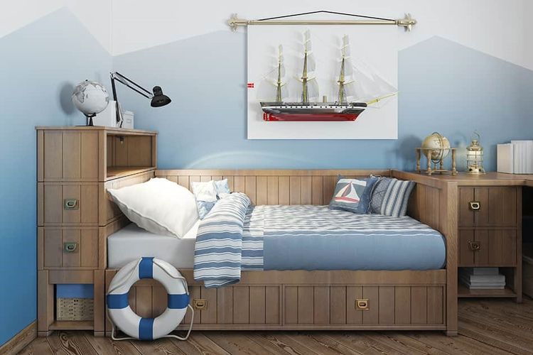 ilustrasi kamar tidur dengan gaya nautical