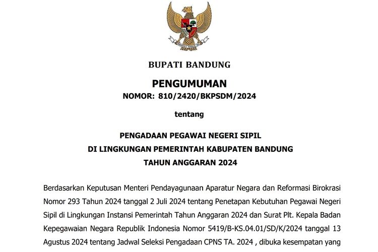 Pengumuman seleksi dan formasi CPNS 2024 di lingkungan Pemerintah Kabupaten Bandung.