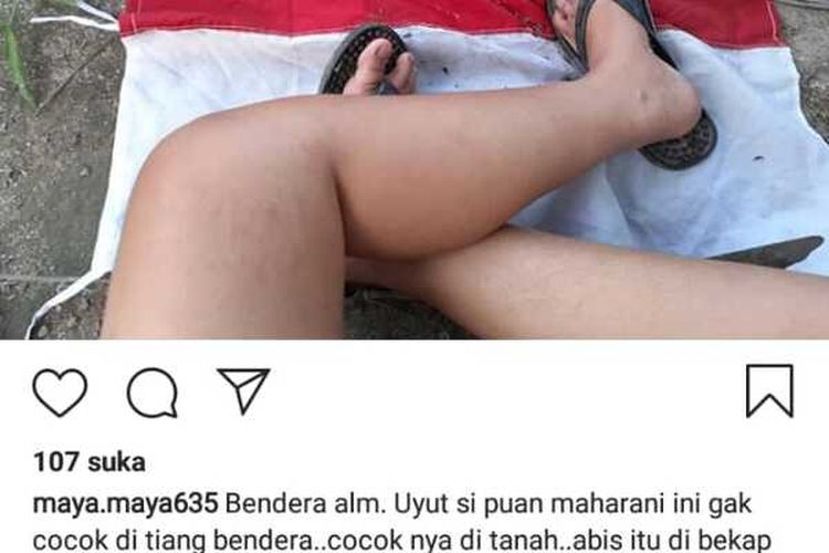 Salah satu tangkapan layar video viral yang diunggah di akun Instagram @maya.maya635. Di akun tersebut, terdapat sejumlah video dan foto yang terkait dengan perlakuan berlebiha terhadap bendera merah putih, poster Presiden Joko Widodo dan Wakil Presiden H. Maaruf Amin, burung Garuda dan lainnya.