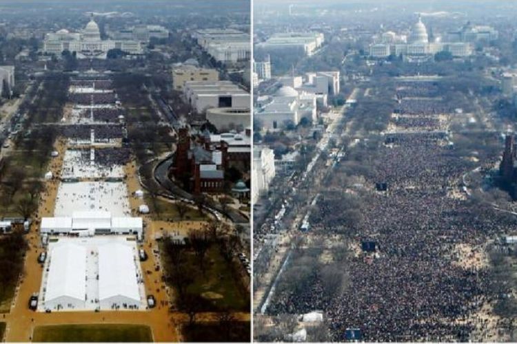 Foto sebelah kiri adalah kondisi sesungguhnya pelantikan Donald Trump sebagai presiden AS pada 21 Januari 2017. Kemudian terungkap adaya rekayasa yang membuat foto pelantikan Trump terlihat lebih ramai didatangi warga AS..