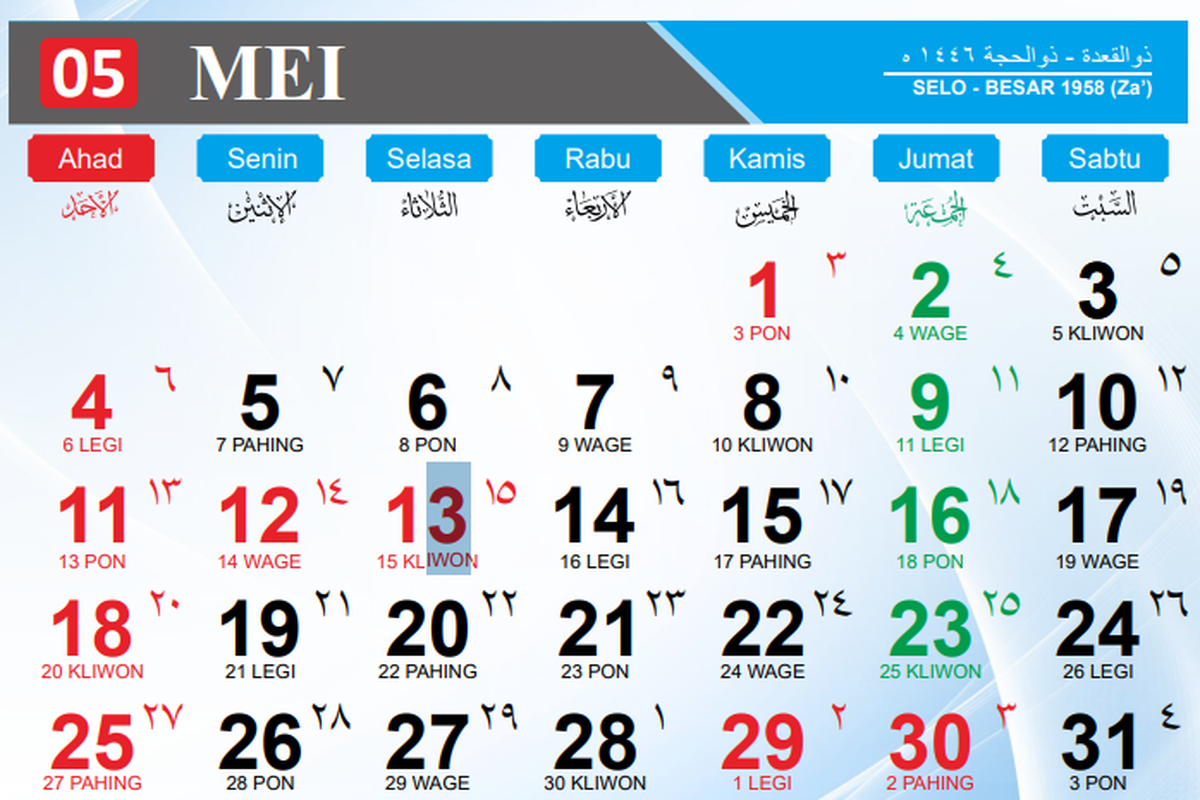 Kalender Mei 2025. Tanggal merah di tanggal 29 Mei 2025 menjadi salah satu momen yang dinanti karena merupakan hari libur nasional yang diikuti cuti bersama dan potensi long weekend.
