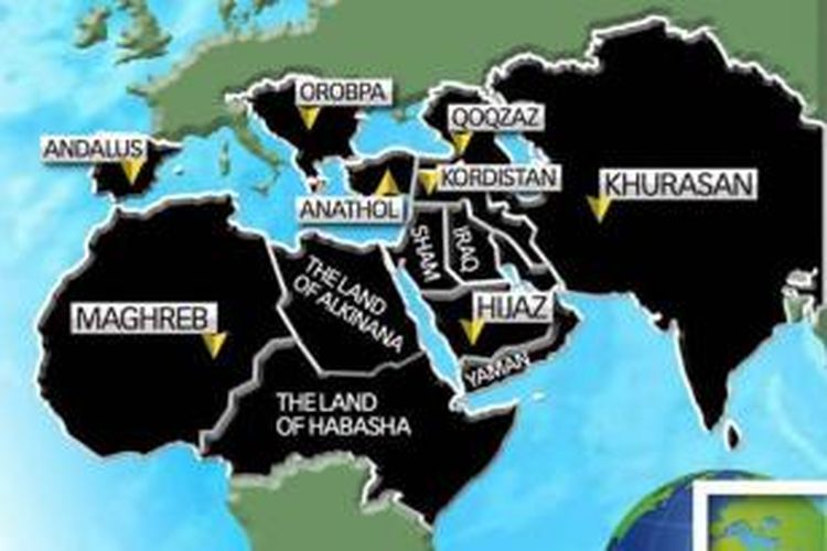 Peta dunia menurut ISIS yang dimuat dalam buku Empire of Fear: Inside the Islamic State karta jurnalis Andrew Hosken.