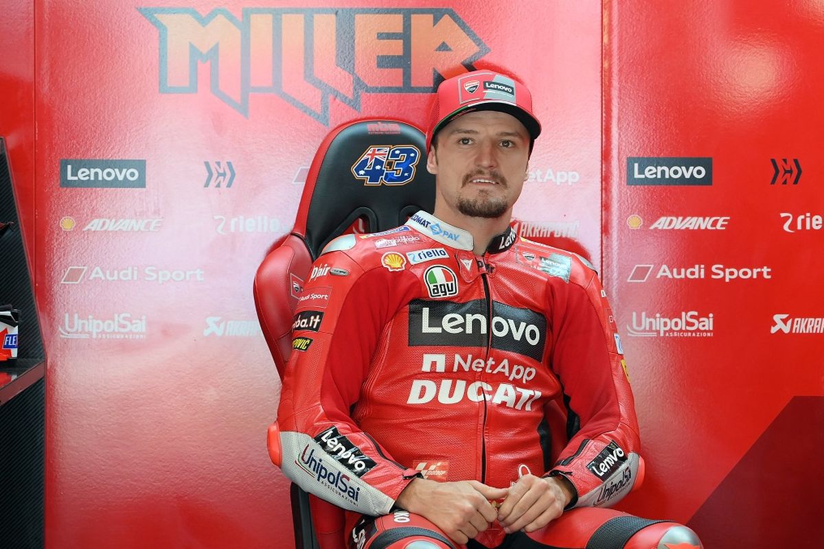 Pebalap Ducati Jack Miller pada sesi latihan bebas MotoGP Catalunya di Sirkuit Barcelona, Jumat (4/6/2021).