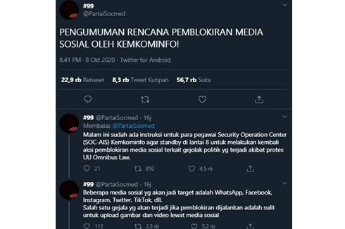 Viral, Unggahan Kemenkominfo Akan Blokir Medsos Usai Terjadinya Demo Omnibus Law UU Cipta Kerja, Benarkah?