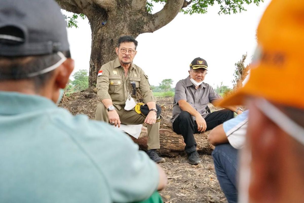 Menteri Pertanian (Mentan) Syahrul Yasin Limpo (Mentan SYL) saat melakukan dialog dengan petani Jeneponto di areal persawahan di Kelurahan Empoang Selatan, Kecamatan Binamu, Kabupaten Jeneponto, Sulsel, Minggu (6/2/2022).
