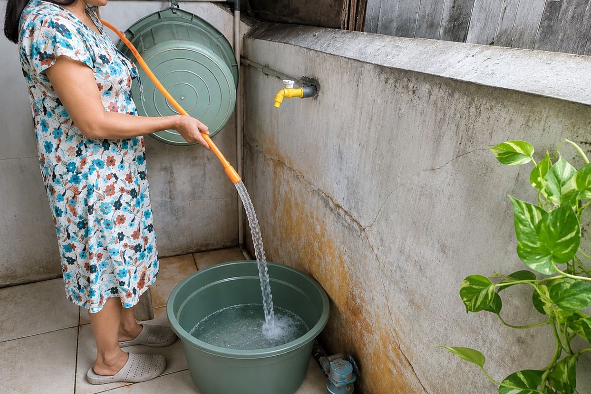 Warga Condet, Jakarta Timur, menggunakan layanan air minum perpipaan PAM JAYA yang kini telah mengalir ke kawasan permukiman mereka. Kehadiran layanan tersebut menghadirkan akses air yang lebih jernih sekaligus membantu mengurangi ketergantungan pada air tanah.