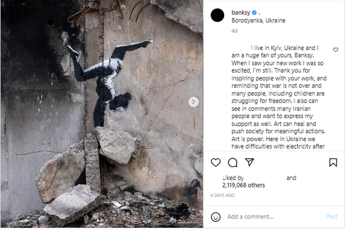 Unggahan mural Banksy di Borodyanka Ukraina
