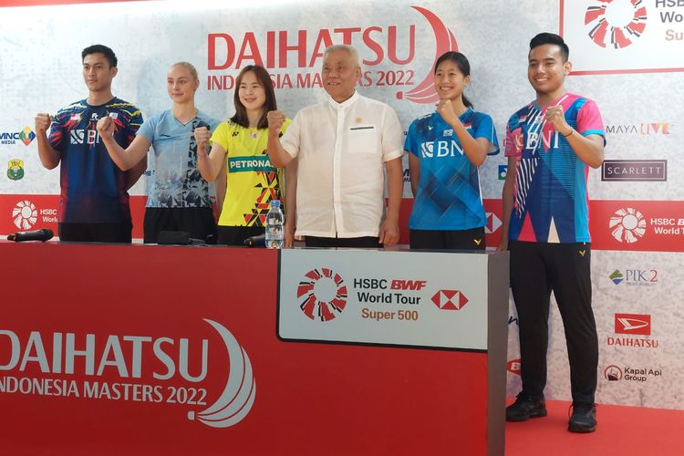 Acara konferensi pers Indonesia Masters 2022 di Istora Senayan, Jakarta, Senin (6/6/2022).