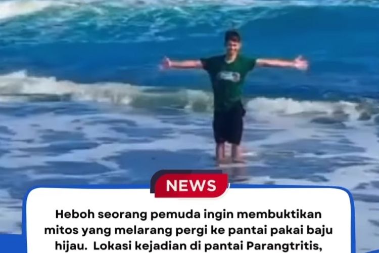 Tangkapan layar wisatawan yang memakai kaus hijau di laut selatan Yogyakarta.