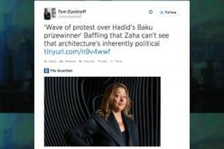 Komentar akun @tomdyckhoff terhadap kemenangan Zaha Hadid.