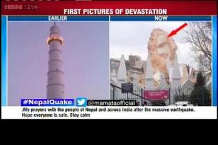 Menara Bersejarah Dharahara kolaps paska gempa 7.9 skala Richter yang mengguncang Kathmandu, Nepal, Sabtu siang (25/04)