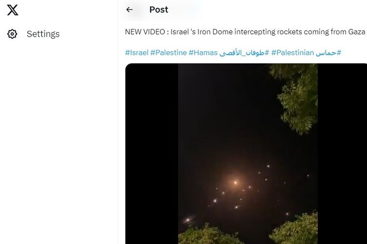Tangkapan layar serangan roket dari Hamas yang berhasil menembus pertahanan Iron Dome milik Israel.