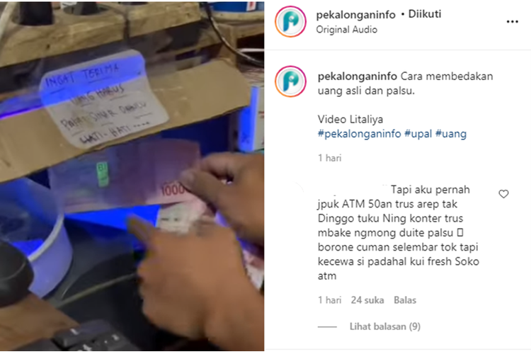 Tangkapan layar video yang menampilkan seseorang sedang memindai uang pecahan Rp 100.000 dengan sinar ultraviolet (UV) untuk mengetahui keasliannya.