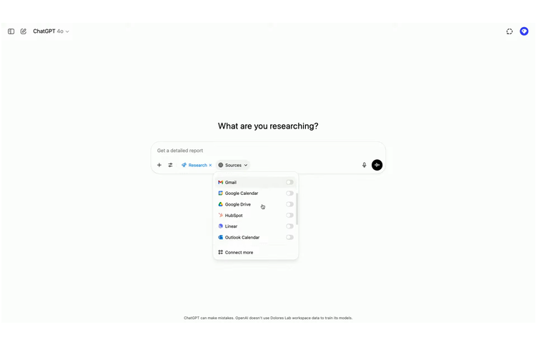 Tampilan fitur baru Connector, memungkinkan ChatGPT terhubung langsung dengan berbagai layanan penyimpanan cloud seperti Google Drive, Dropbox, OneDrive, Box, hingga SharePoint.

