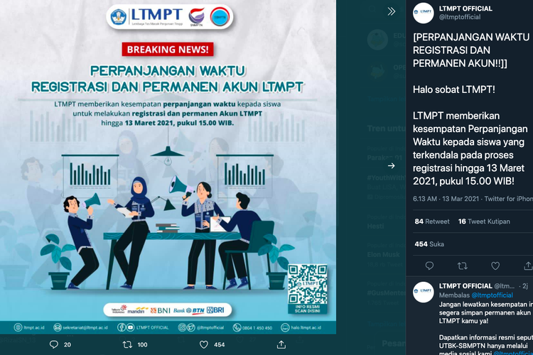 Perpanjangan waktu registrasi dan permanen akun LTMPT