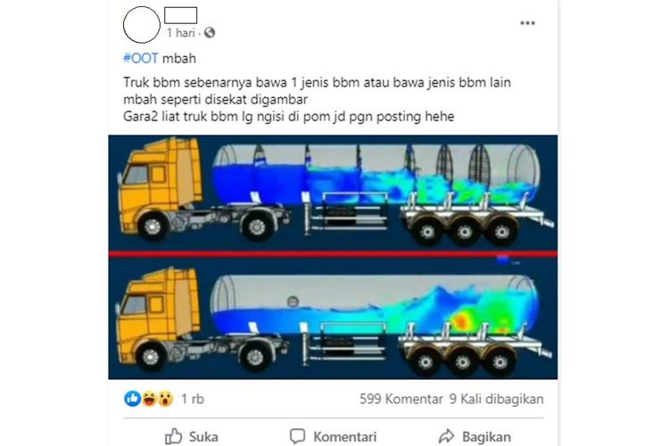 Sebuah unggahan dengan narasi pertanyaan apakah truk tangki Pertamina hanya membawa satu jenis BBM atau membawa jenis BBM yang lain viral di media sosial.