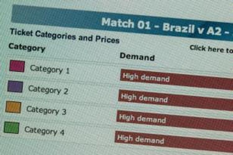 Foto di situs resmi FIFA yang menunjukkan tingginya permintaan tiket untuk laga pembuka Piala Dunia 2014 di Brasil.