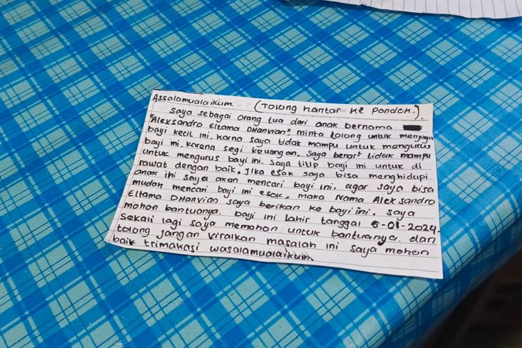 Surat wasiat yang diduga ditinggalkan oleh orangtua bayi di Banyuwangi. Isi surat ini meminta sang bayi dimasukkan ke pondok pesantren dan diberi nama sesuai yang diwasiatkan karena suatu saat nanti akan dicari jika orangtua bayi tersebut sudah mampu secara ekonomi.