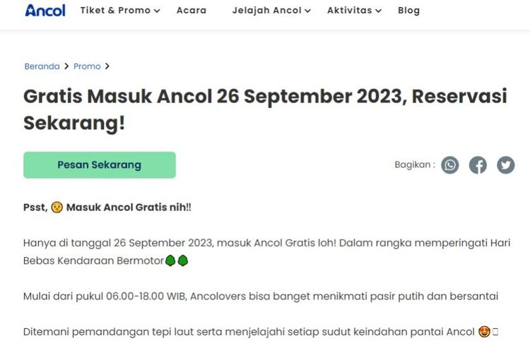 Tangkapan layar soal tiket masuk Ancol gratis pada 26 September 2023.