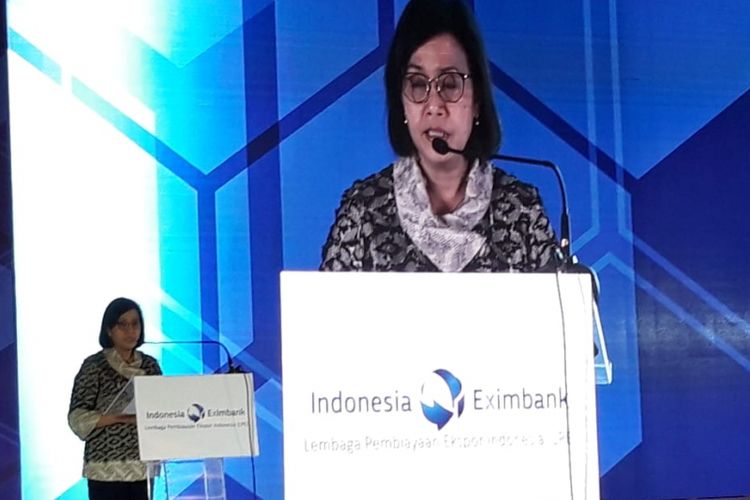 Menteri Keuangan Sri Mulyani Indrawati ketika memberikan kata sambutan di acara Seminar Nasional Peningkatan Ekspor Nasional dan Dukungan Pemangku Kebijakan oleh Lembaga Pembiayaan Ekspor Indonesia (LPEI) di Jakarta, Senin (24/9/2018).