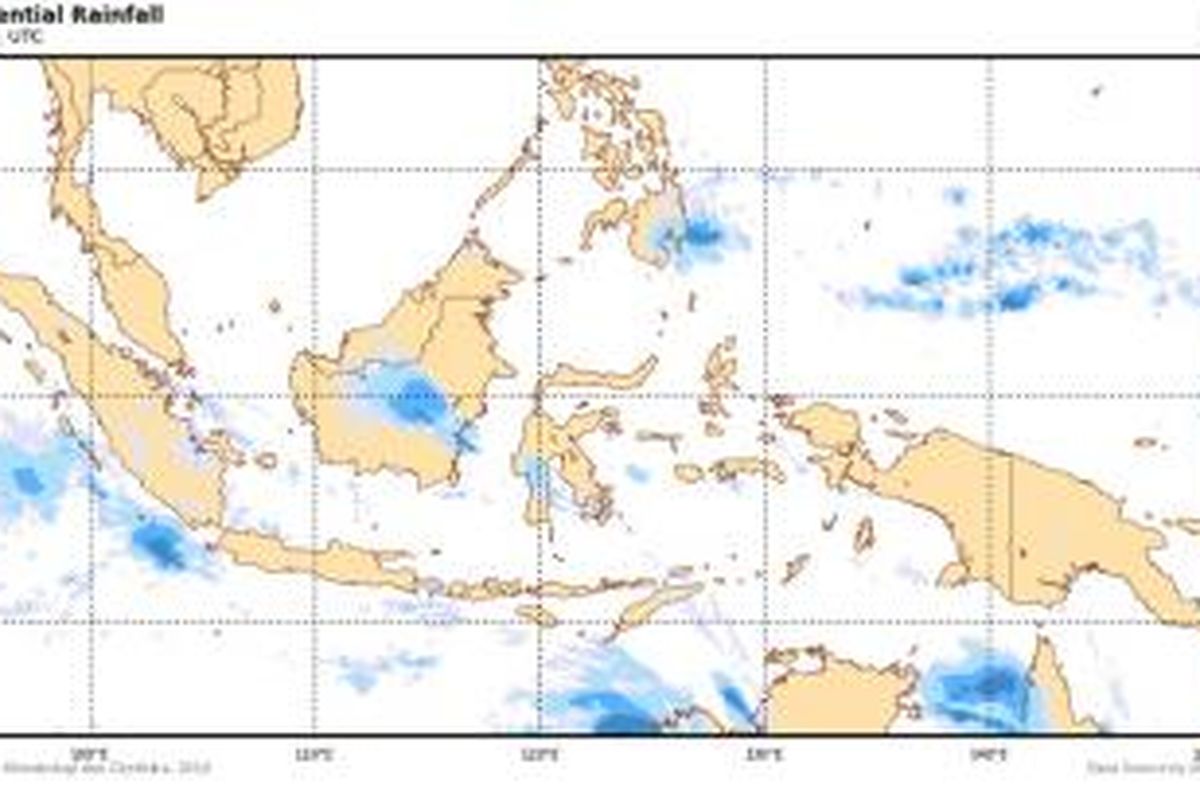 Citra satelit Minggu (9/2/2014) menunjukkan potensi intensitas hujan. Semakin tua warna biru, semakin deras kemungkinan hujan turun.