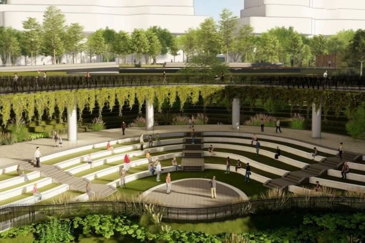 Ilustrasi desain Penataan Sumbu Kebangsaan Tahap I (Plaza Seremoni) di Kawasan Inti Pusat Pemerintahan (KIPP).