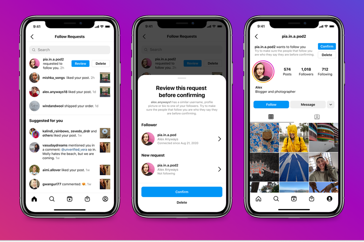 Fitur peringatan di Instagram untuk terhindar dari akun-akun palsu.