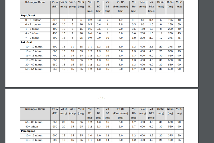 Tangkapan layar Peraturan Menteri Kesehatan Nomor 28 Tahun 2019 tentang Angka Kecukupan Gizi yang Dianjurkan untuk Masyarakat Indonesia.