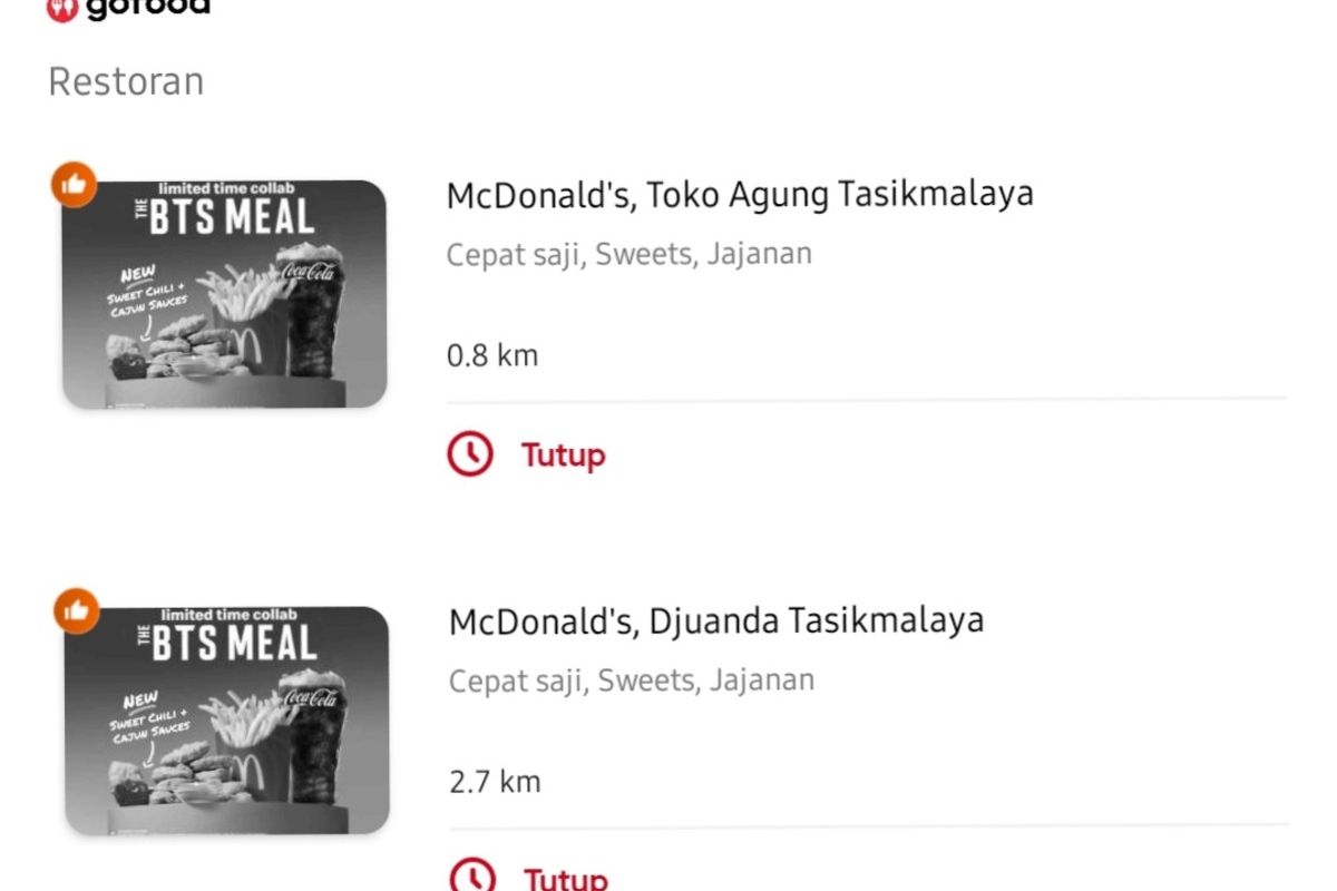 Pesanan online BTS Meal via Gojek di 2 Gerai Mcd Kota Tasikmalaya ditutup untuk antisipasi terjadinya kerumunan sejak kemarin, Kamis (10/6/2021).
