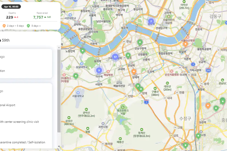 Ilustrasi Peta Persebaran Kasus Corona di Korea Selatan yang dilengkapi informasi pergerakan beberapa hari terakhir dari pasien tanpa membuka data pribadi (tampak di sisi kiri).
