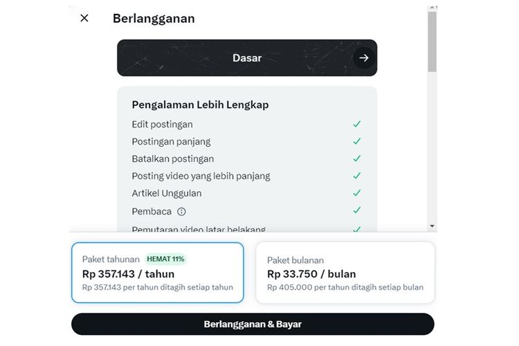 Harga paket Basic (Dasar) X Twitter