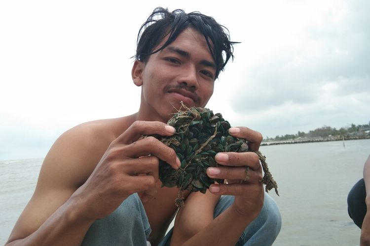 Tatang Supriatna (17) memperlihatkan kerang hijau yang menempel pada batu pemecah ombak di Muara Sungai Buntu, Kecamatan Pedes, Kabupaten Karawang, Sabtu (7/12/2019).