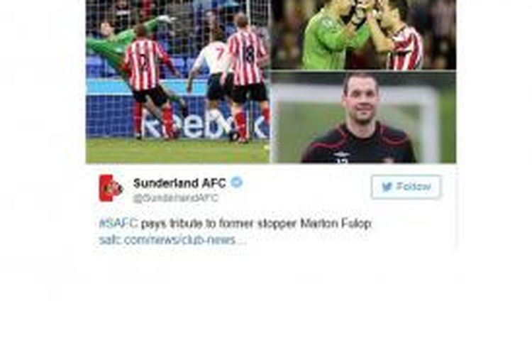 Twitter Sunderland yang memperlihatkan mendiang Marton Fulop ketika masih membela klub tersebut. Fulop meninggal dunia pada Kamis (12/11/2015) karena kanker.