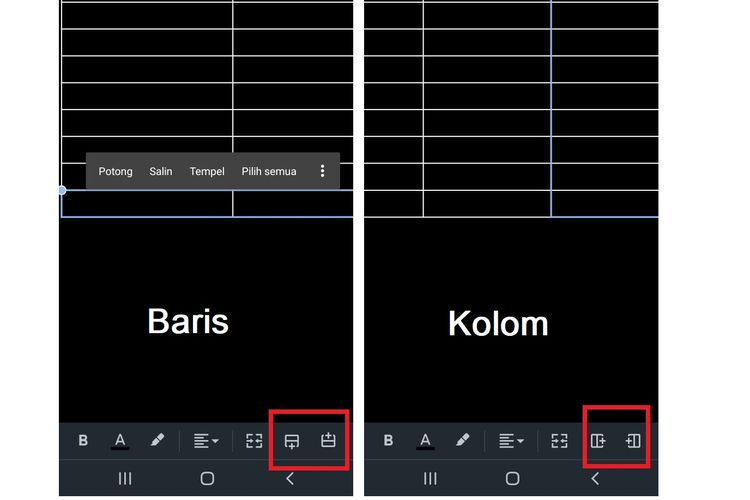 Cara menambahkan kolom dan baris di Google Docs lewat HP Android.