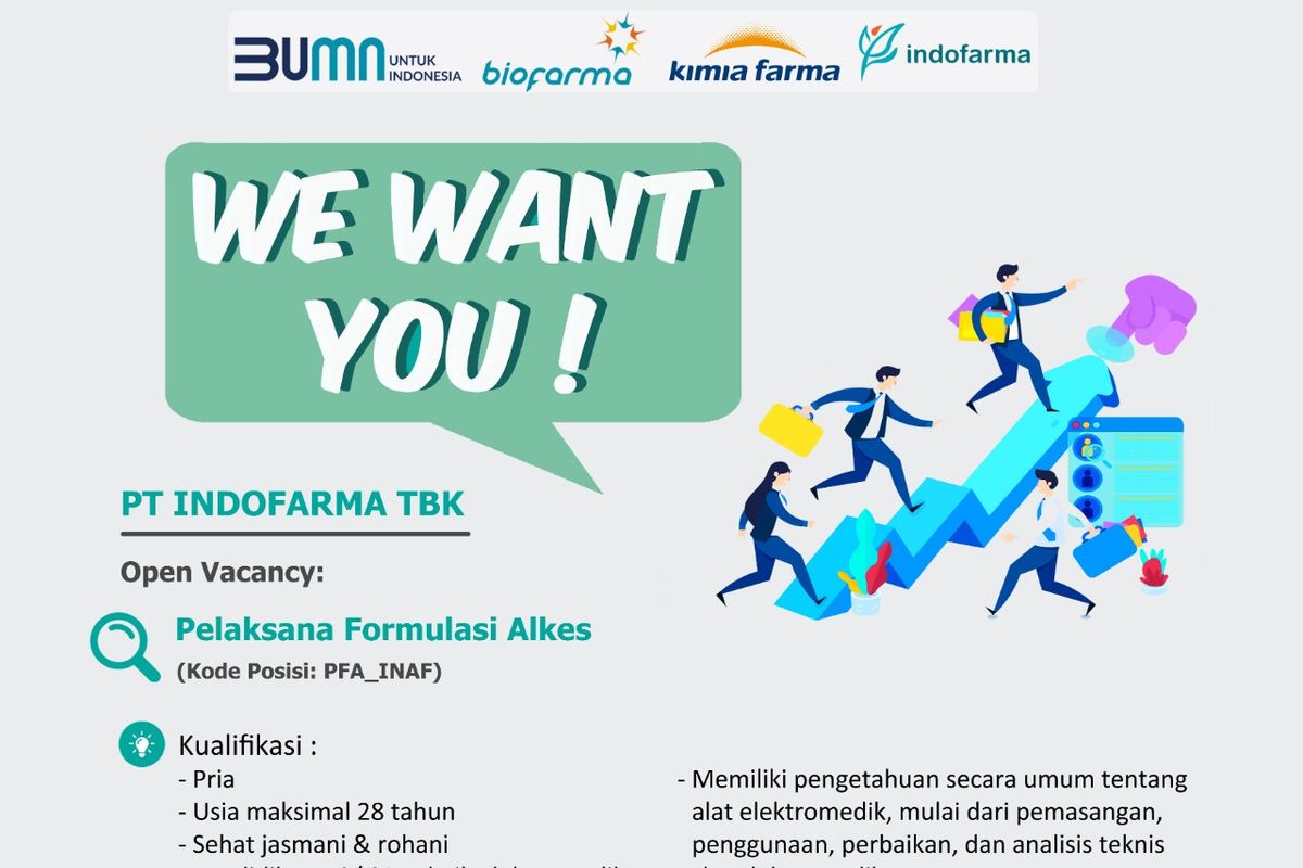 PT Indofarma Tbk membuka lowongan kerja untuk lulusan D3 dan S1 jurusan Teknik Elektromedik dan Teknik Biomedik 