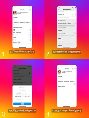Tampilan fitur baru Scedule post untuk menjadwalkan waktu posting konten Instagram.