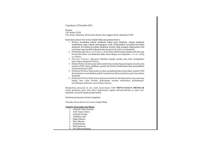 Beredar surat penolakan dari para dosen UGM terkait pemberian gelar profesor kehormatan kepada pejabat publik